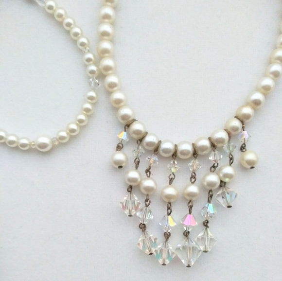 Vintage Faux Pearls AB Crystal Necklace set - Picture 4 of 8